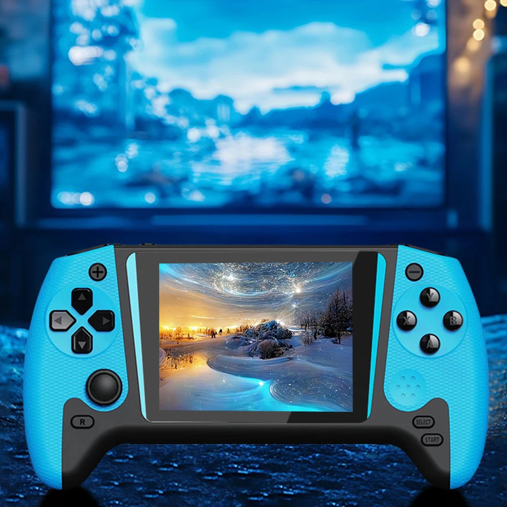 Handheld gaming console with a screen displaying a snowy landscape, with a larger screen in the background.