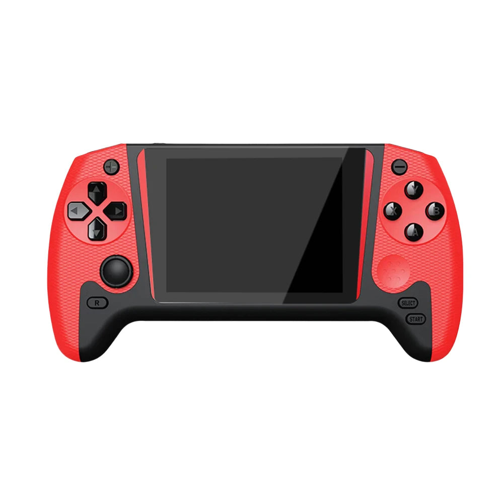 Red and black handheld gaming console on a white background