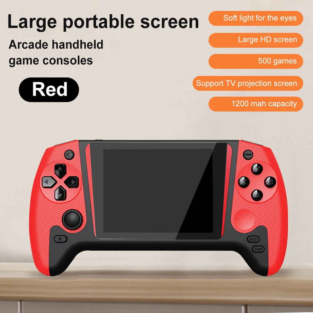 Red arcade handheld game console with features listed on a beige background