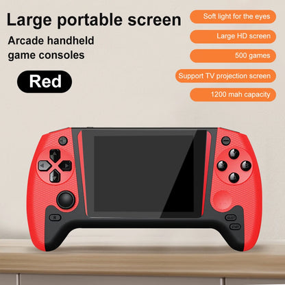 Red arcade handheld game console with features listed on a beige background