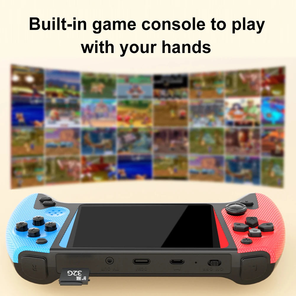 Handheld game console with colorful screen displaying games on a beige background