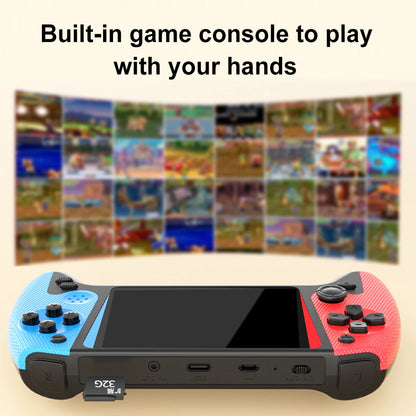 Handheld game console with colorful screen displaying games on a beige background
