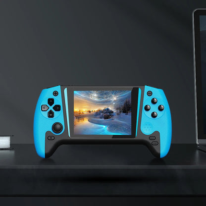 Blue handheld gaming device with screen displaying a snowy landscape on a dark surface.