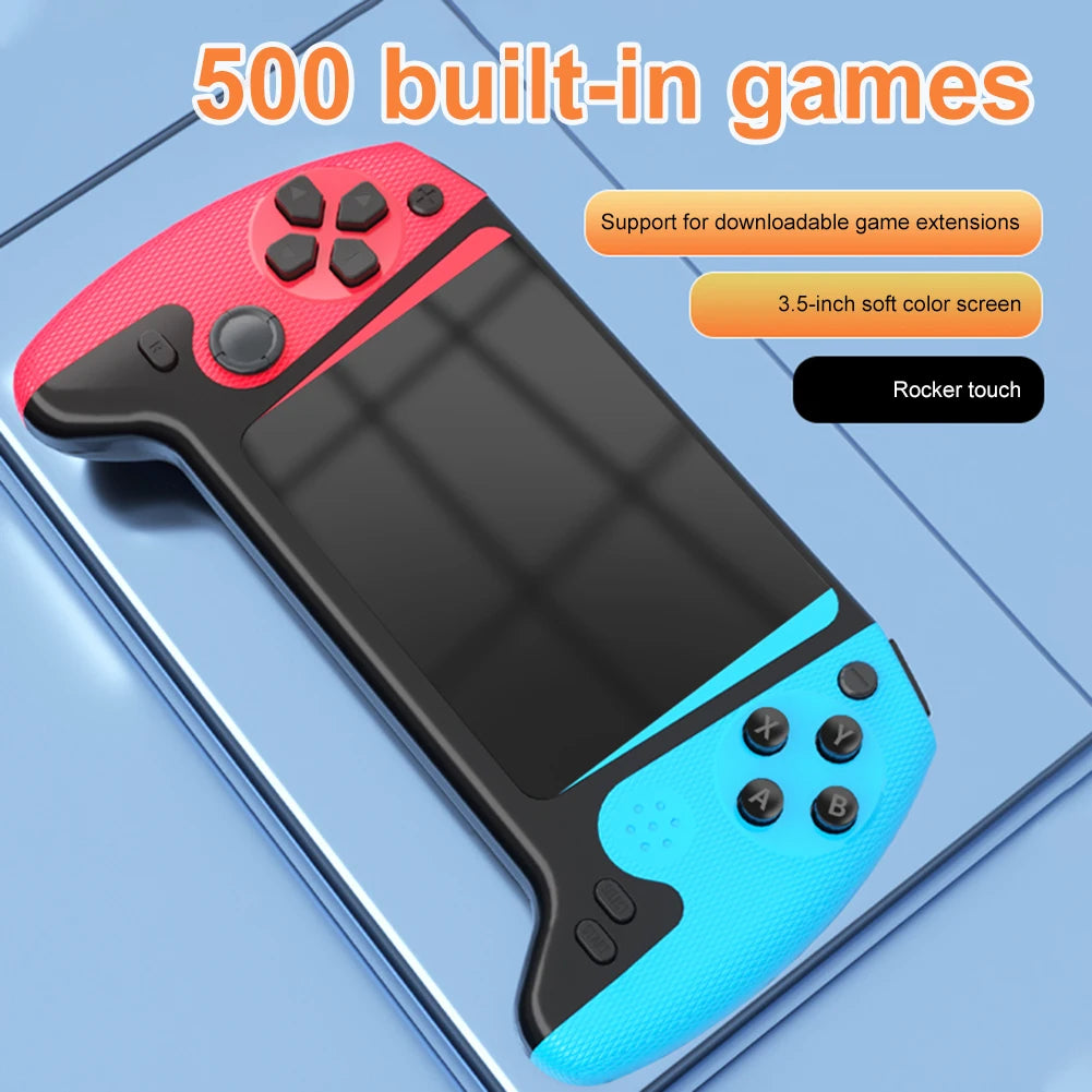 Handheld gaming console with red and blue design on a light blue background