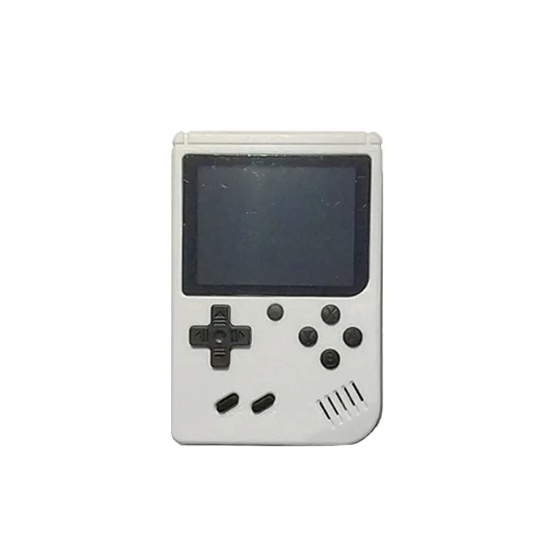 Small handheld gaming device with a screen and control buttons on a white background