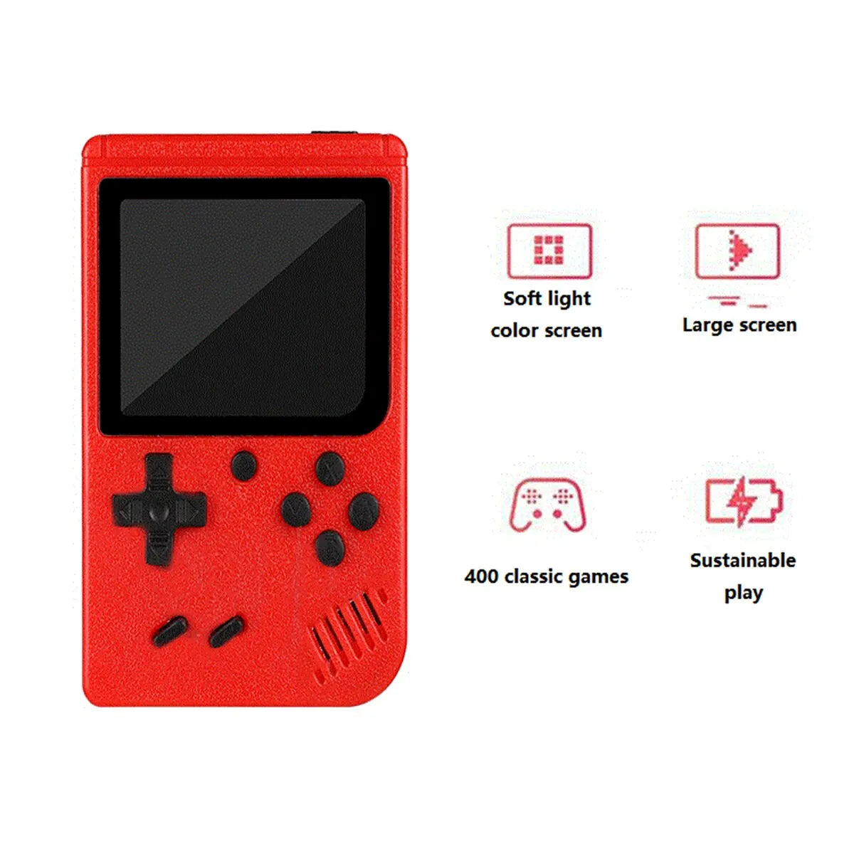 Red handheld game console with features listed on a white background