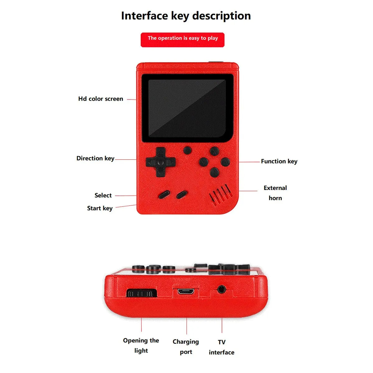 Red handheld gaming console with labeled buttons on a white background