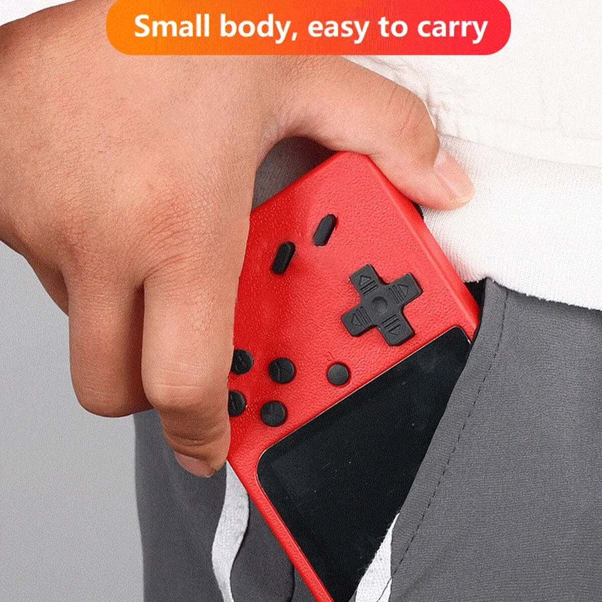Hand holding a red gaming controller with text 'Small body, easy to carry' on a gray background