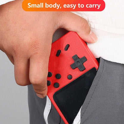 Hand holding a red gaming controller with text 'Small body, easy to carry' on a gray background