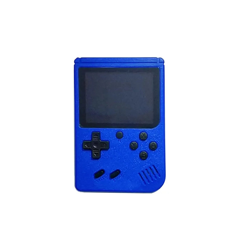 Blue handheld game console with a black screen on a white background