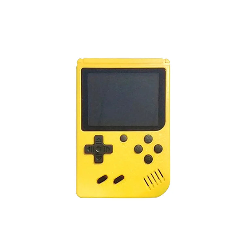 Yellow handheld gaming console with black screen and buttons on a white background