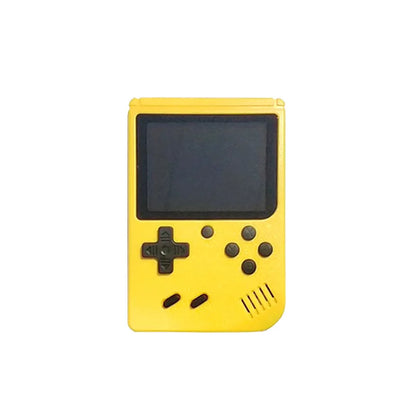 Yellow handheld gaming console with black screen and buttons on a white background