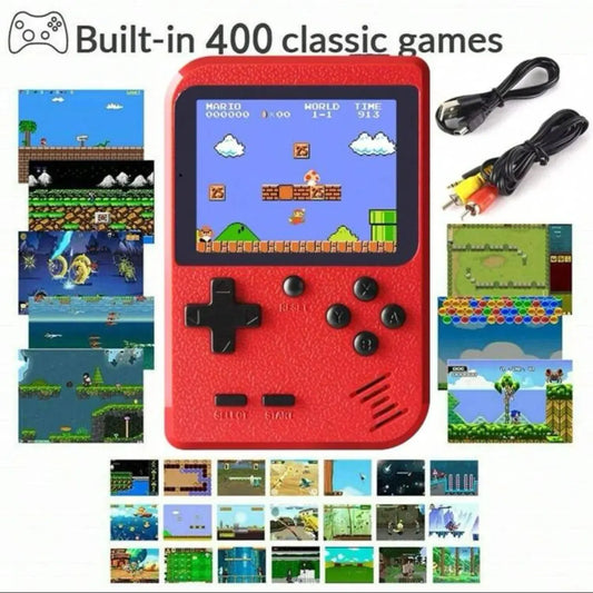 Red handheld gaming console with screen displaying games, surrounded by additional game screens and connection cables.