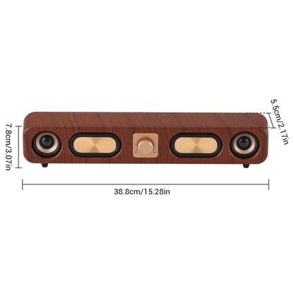 Wooden electronic device with control buttons and dimensions on a white background