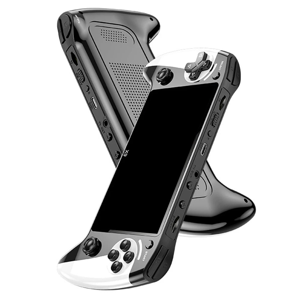 Black and silver handheld gaming console on a white background