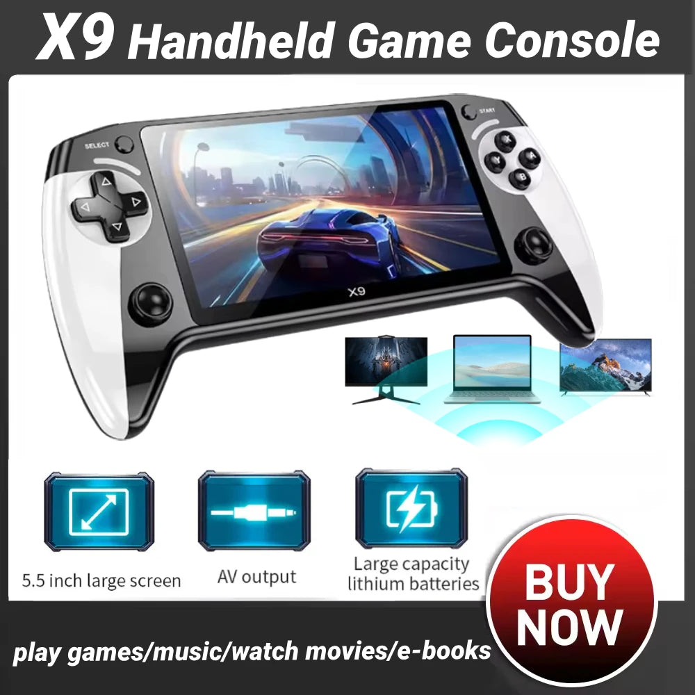 X9 Handheld Game Console with screen displaying a racing game, surrounded by connectivity icons and 'Buy Now' button.