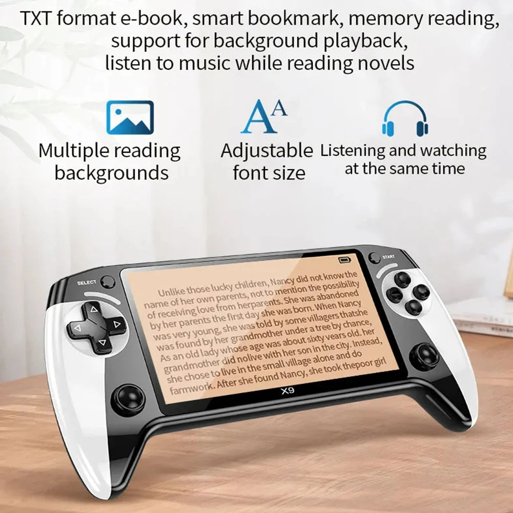 Handheld device with screen displaying text, surrounded by features listed on a white background.