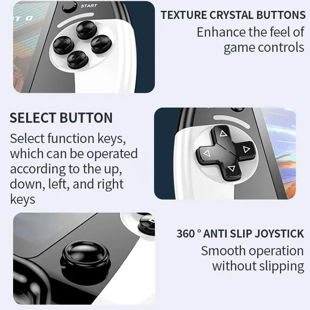 Game controller with texture crystal buttons, select button, and 360° anti-slip joystick on a white background.