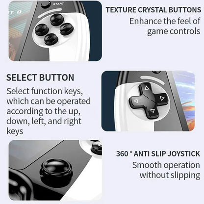 Game controller with texture crystal buttons, select button, and 360° anti-slip joystick on a white background.