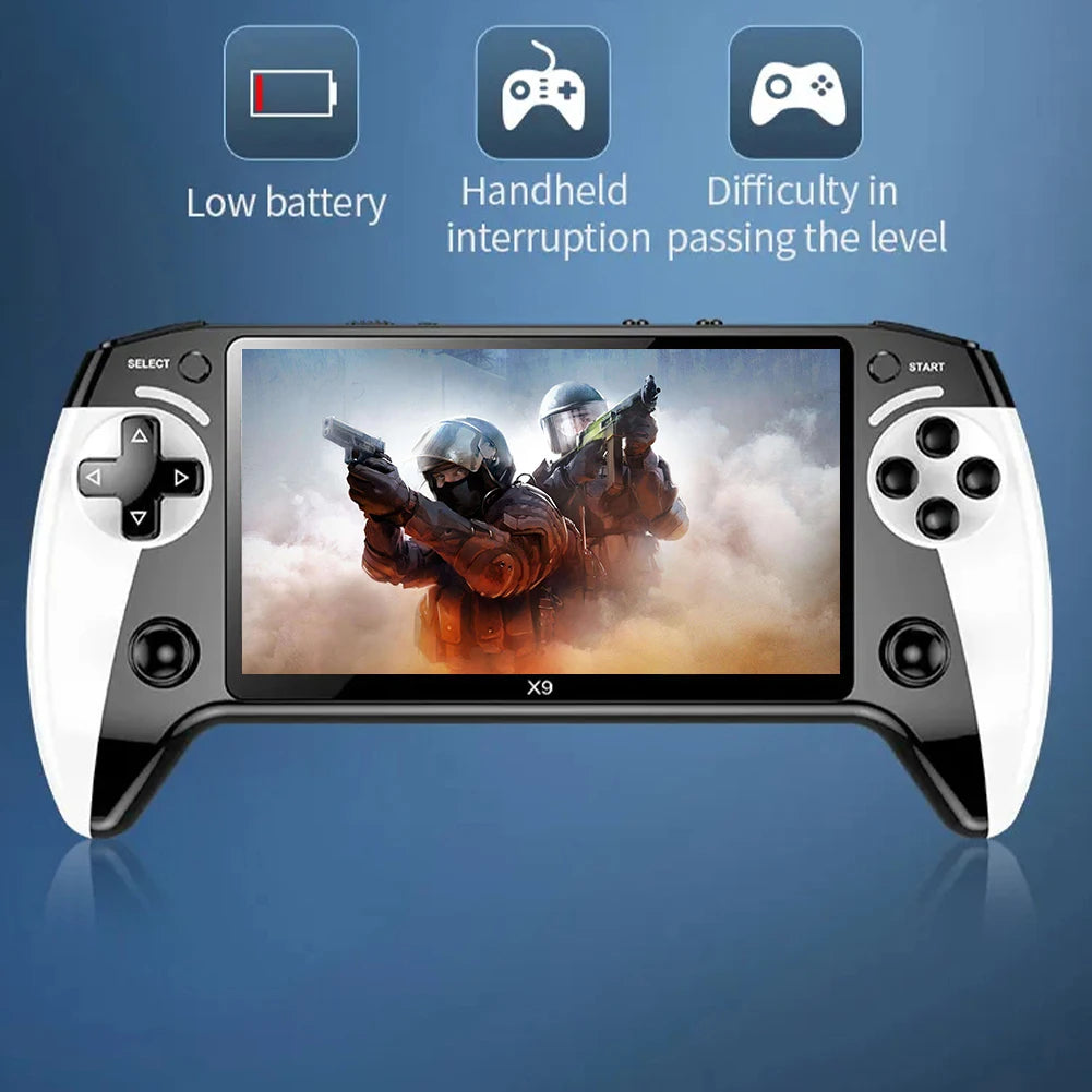 Gaming handheld device with screen displaying a game, on a blue background with icons and text.