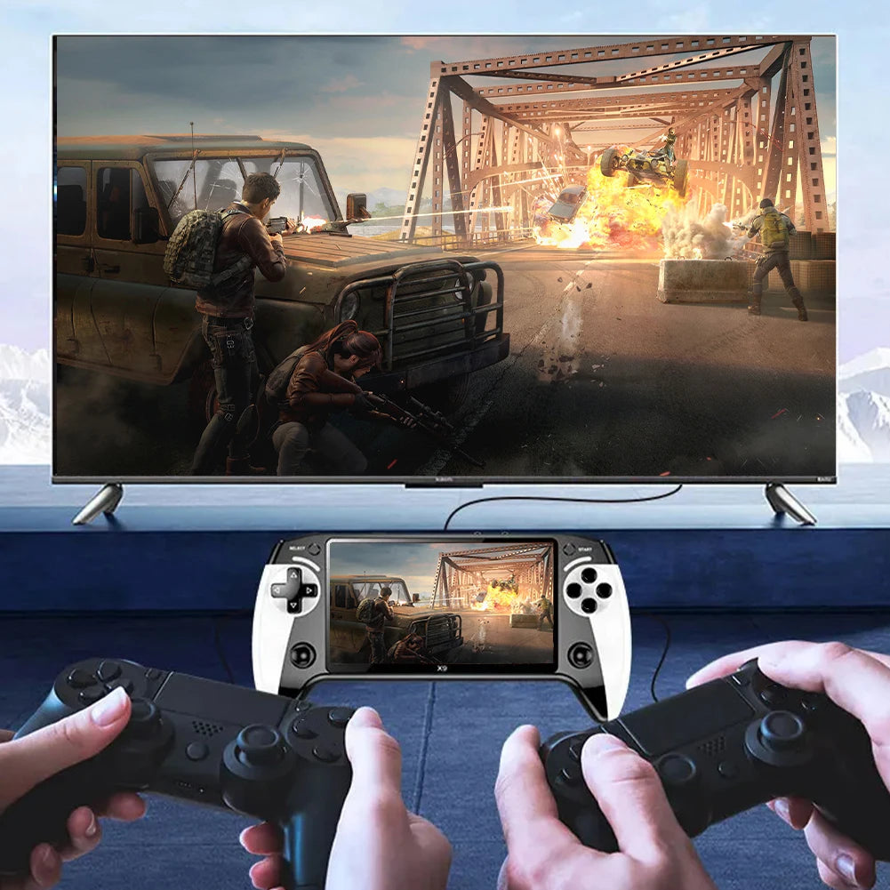 Two people playing a video game on handheld controllers with a large TV screen displaying the same game.