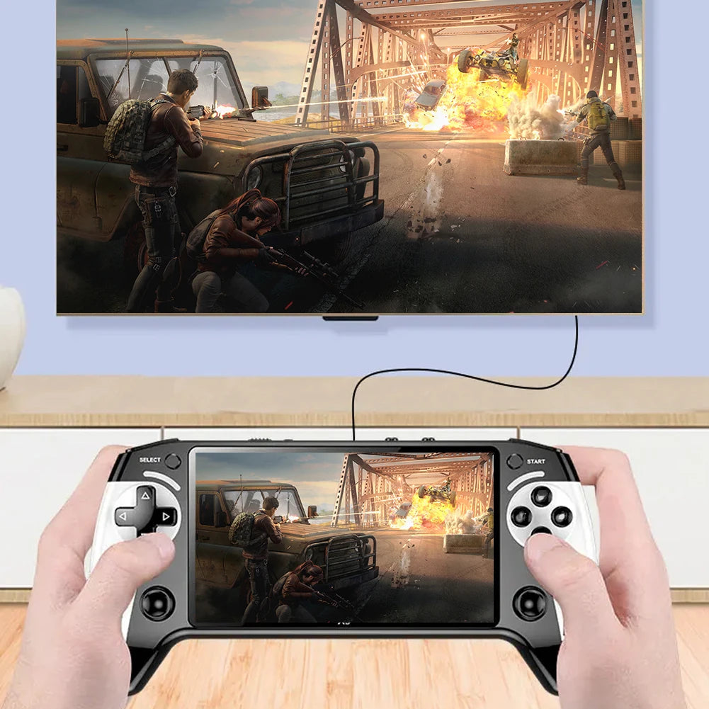 Handheld gaming console displaying a video game with a screen above showing a larger view of the same scene.