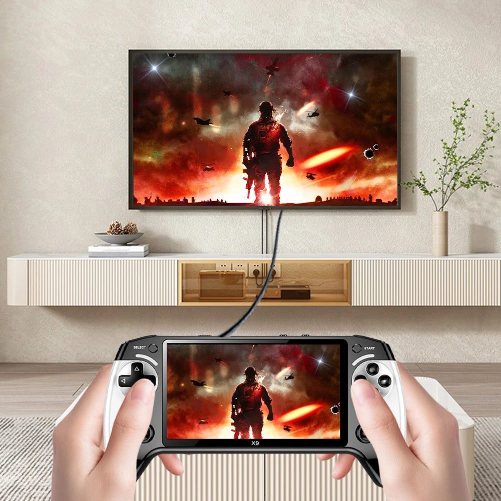 Person playing a game on a handheld device with a TV displaying the same game in a home setting.