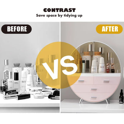Before and after comparison of a vanity setup with cosmetic products.