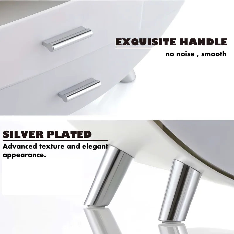 Silver handles on a white cabinet with text highlighting 'exquisite handle' and 'silver plated'.