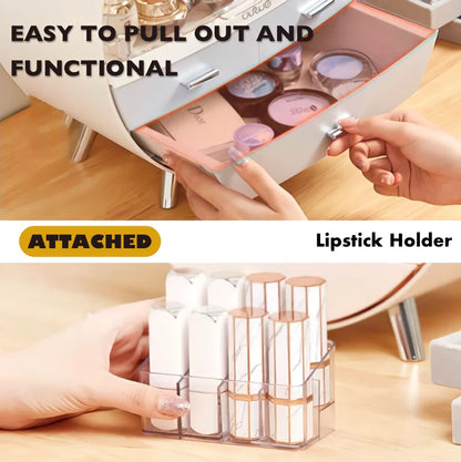Lipstick holder with text indicating ease of use and functionality