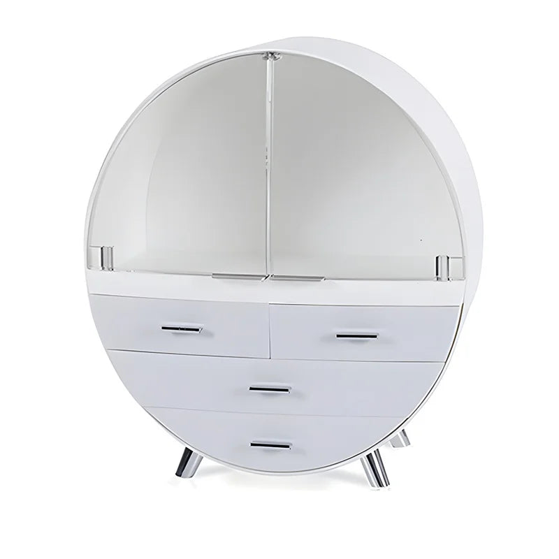 Round white dresser with mirror on a white background