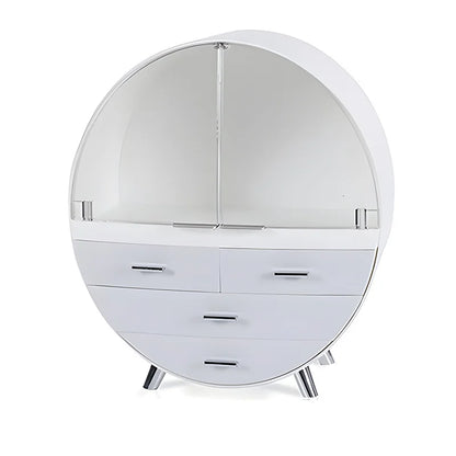 Round white dresser with mirror on a white background