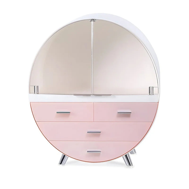 Round dresser with pink bottom half and beige top half on a white background