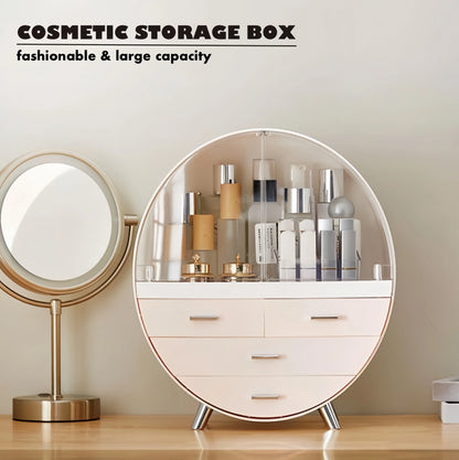 Round cosmetic storage box with drawers, mirror, and skincare products on a neutral background