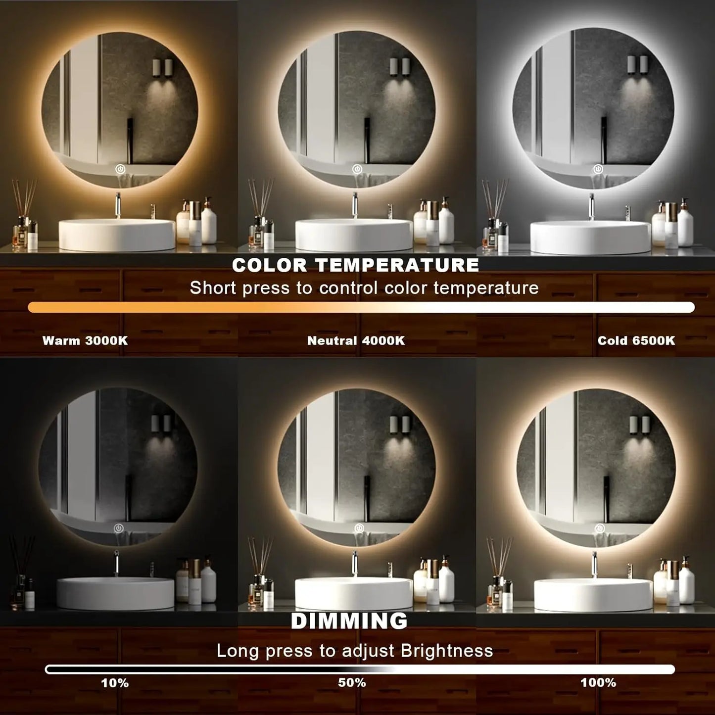 Bathroom vanity setup with round mirrors of different color temperatures and dimming levels.