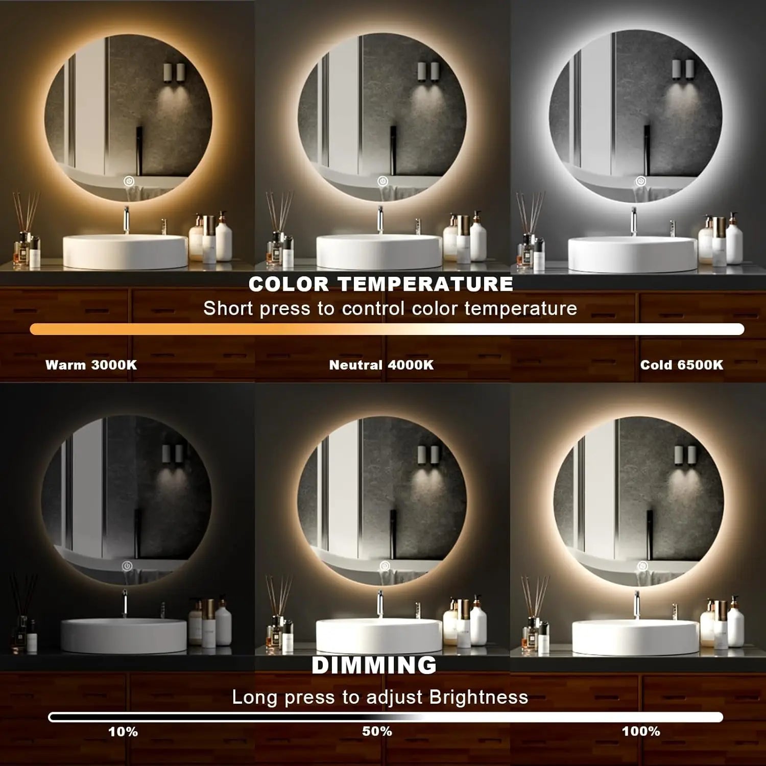 Bathroom vanity setup with round mirrors of different color temperatures and dimming levels.