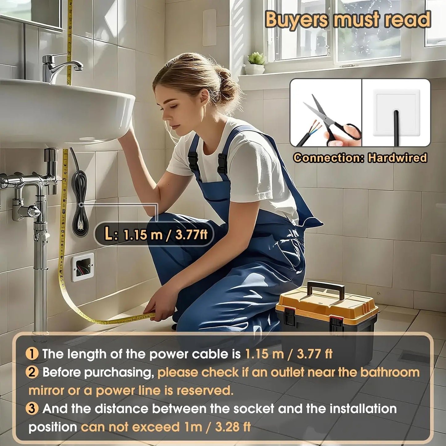 Person in a bathroom setting with plumbing work and text about power cable length and installation requirements.