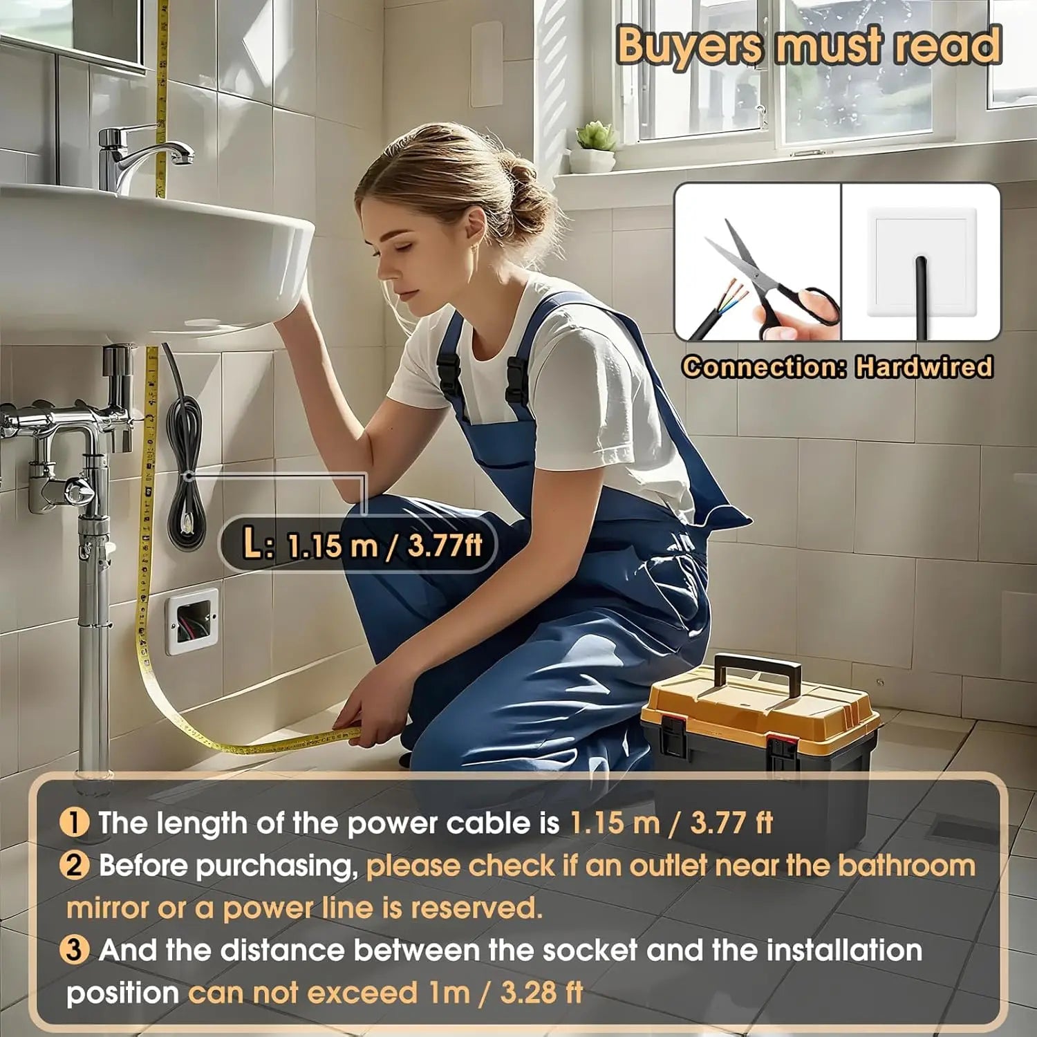 Person in a bathroom setting with plumbing work and text about power cable length and installation requirements.