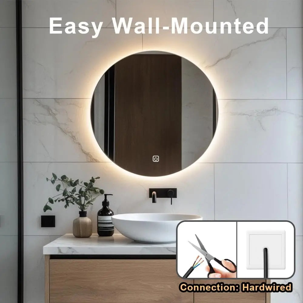 Bathroom vanity with a round wall-mounted mirror and inset showing hardwiring connection.
