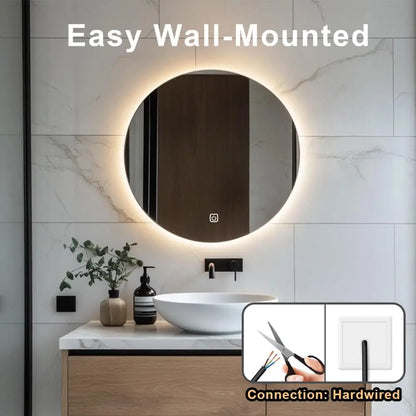 Bathroom vanity with a round wall-mounted mirror and inset showing hardwiring connection.