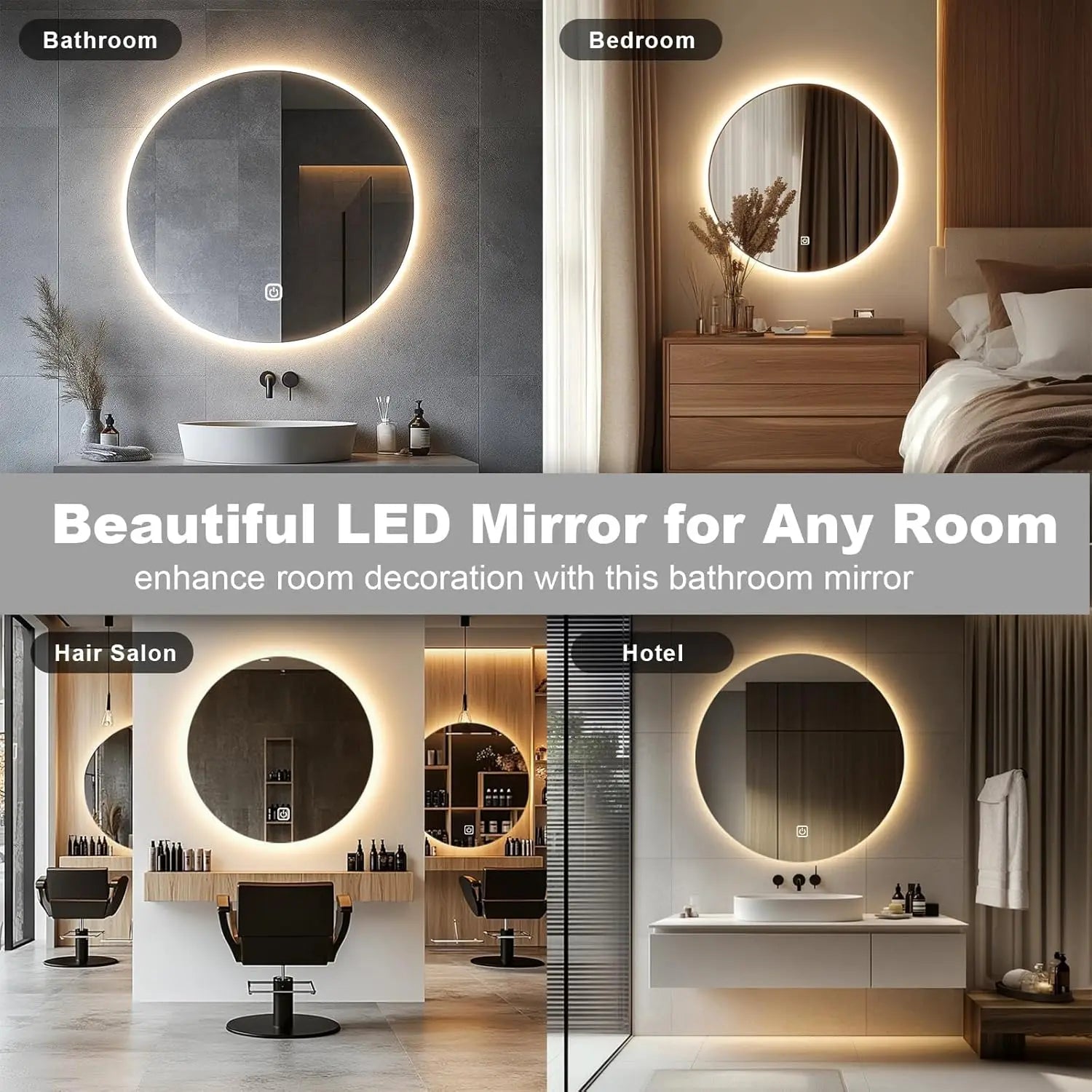 Collage of LED mirrors in various settings including a bathroom, bedroom, hair salon, and hotel.