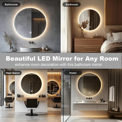 Collage of LED mirrors in various settings including a bathroom, bedroom, hair salon, and hotel.