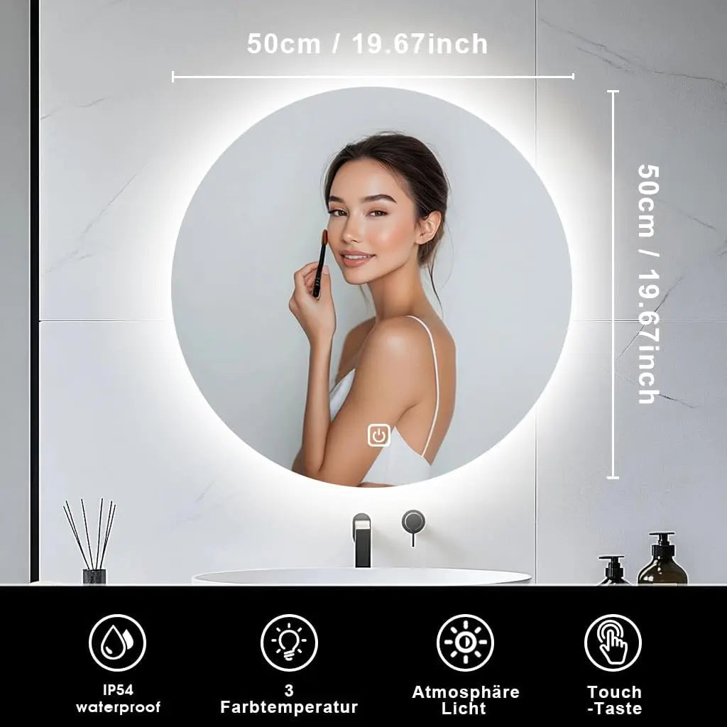 Round illuminated bathroom mirror with dimensions and product features displayed.