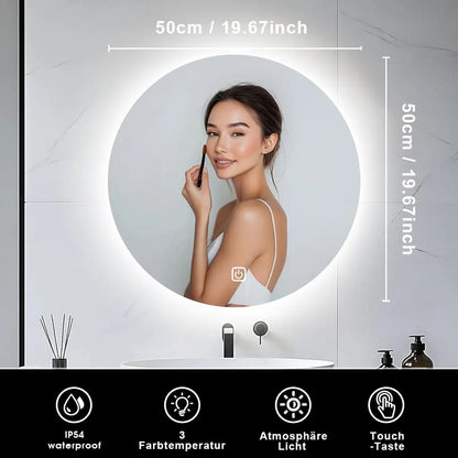 Round illuminated bathroom mirror with dimensions and product features displayed.