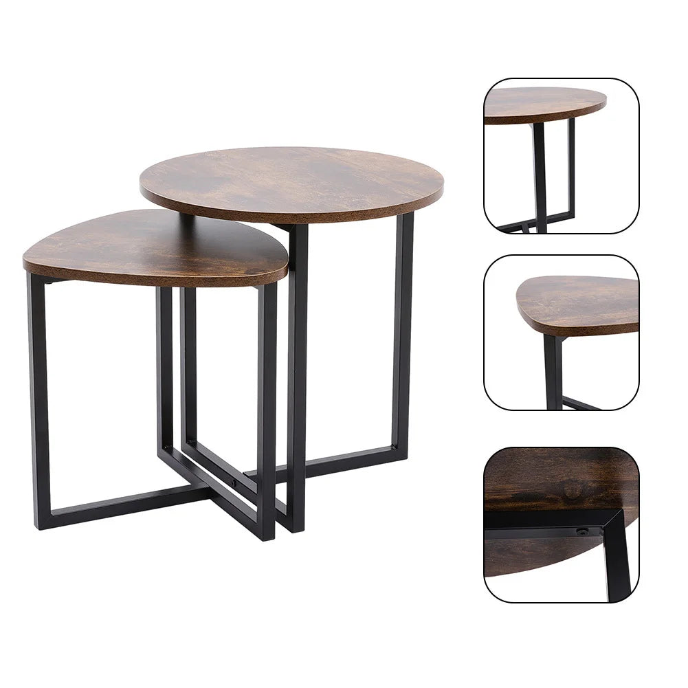 Set of wooden side tables with black metal legs on a white background