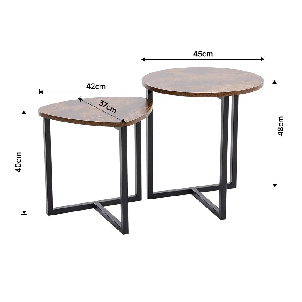 Two wooden side tables with dimensions labeled on a white background