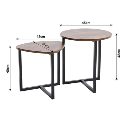 Two wooden side tables with dimensions labeled on a white background