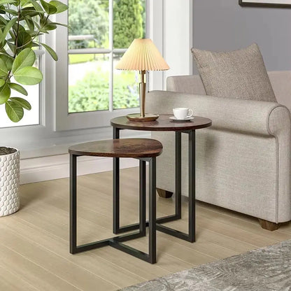 Two wooden side tables with metal legs in a living room setting.