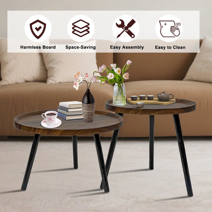 Two wooden side tables with decorative items in a living room setting, featuring icons and text about table features.