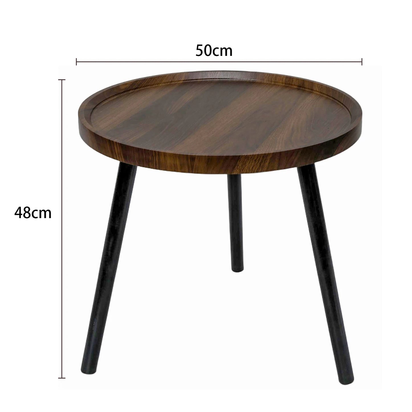 Wooden side table with dimensions on a white background